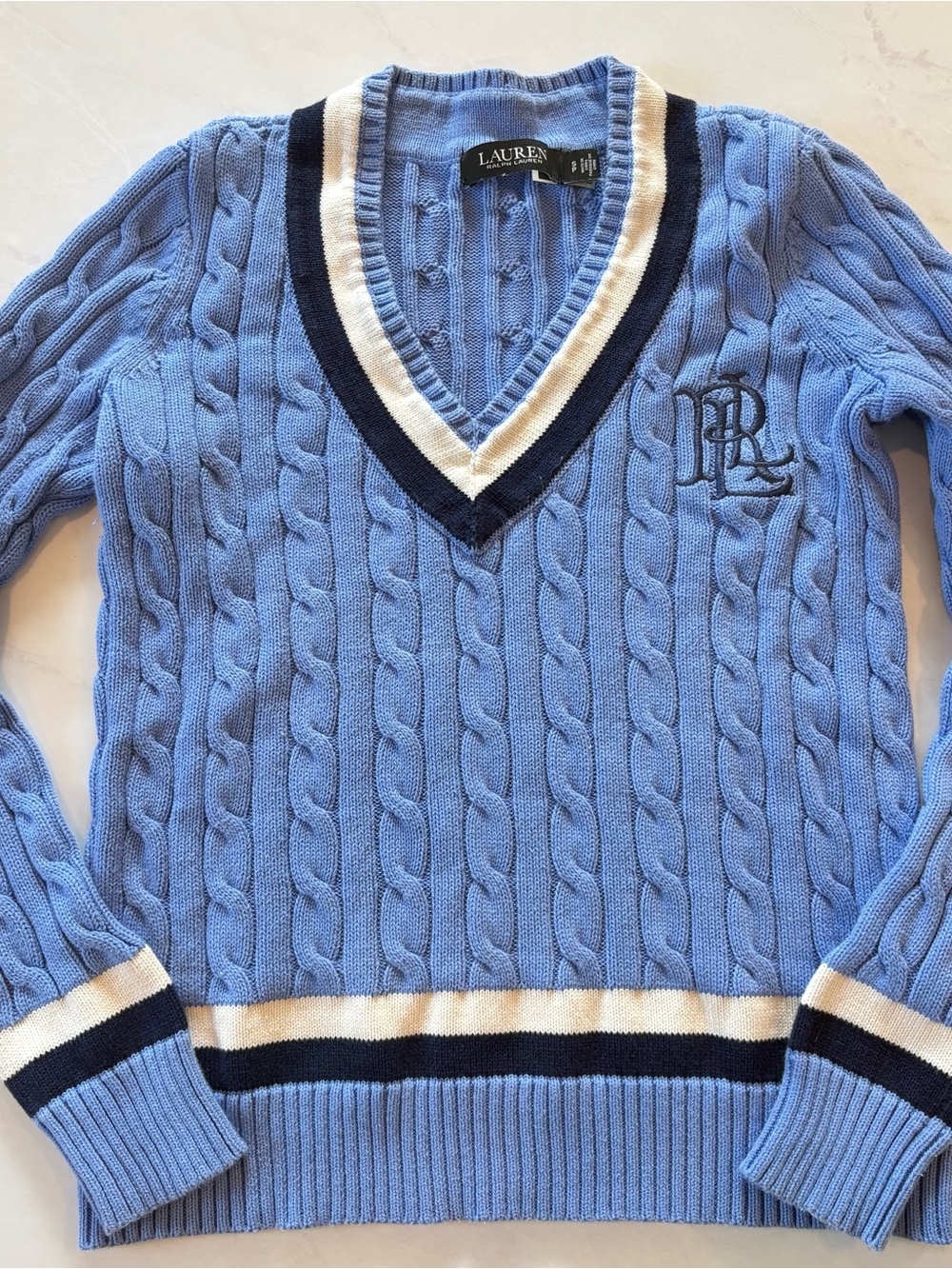 Lauren Ralph Lauren Cable-Knit Cricket Sweater Blue & White Small
